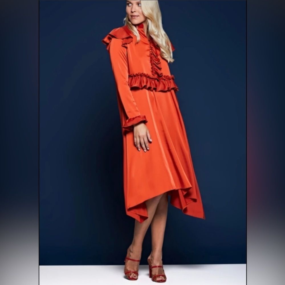 Ruffled Asymmetrical Midi Dress in Bright Orange
